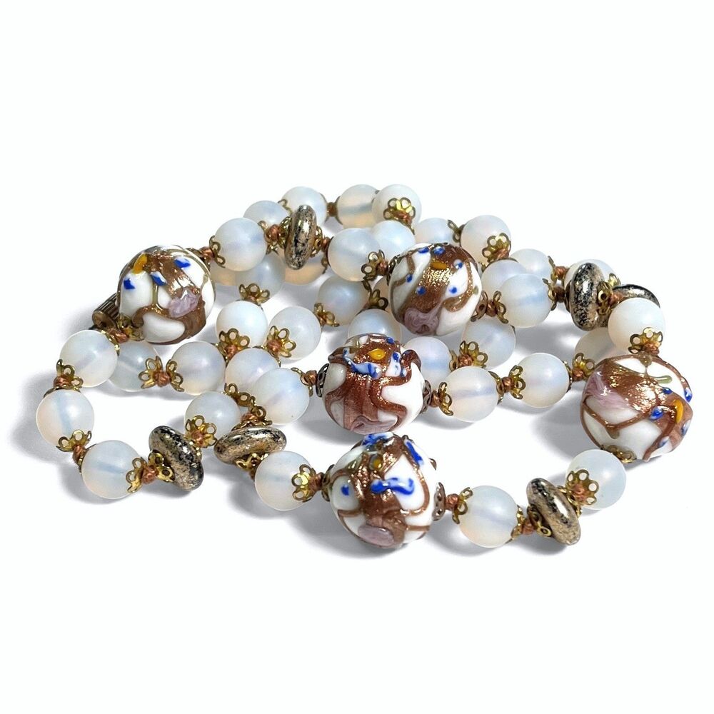 VTG Wedding Cake Beaded Necklace Opaline Glass Gold Tone Pink Blue 24" Venetian
